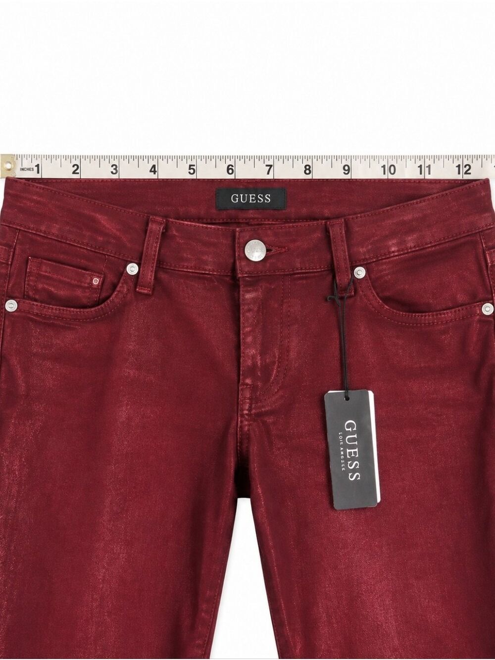 GUESS Sexy Flare Jeans Women 31x30 Tahiti Red Coated Metallic NWT $128 - Picture 6 of 11